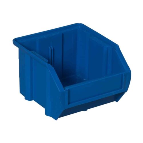 lyon-small-blue-plastic-bin-NF78203.jpg A blue plastic storage bin with an open front, designed for easy access. The bin is rectangular with slanted sides and a small label area on the front.
