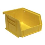 Yellow plastic storage bin with an open front, designed for organizing and storing small items. The bin has reinforced edges and a stackable design.
