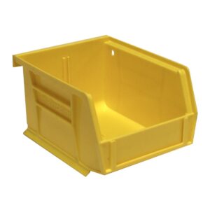 Yellow plastic storage bin with an open front, designed for organizing and storing small items. The bin has reinforced edges and a stackable design.