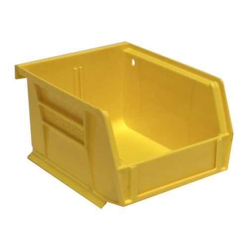 SONY DSC Yellow plastic storage bin with an open front, designed for organizing and storing small items. The bin has reinforced edges and a stackable design.
