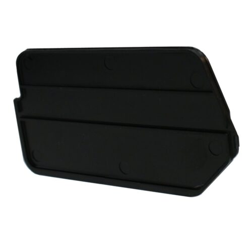 A rectangular black object with slightly rounded edges and two parallel horizontal grooves. It appears to be a plastic cover or panel with a simple, minimalistic design.