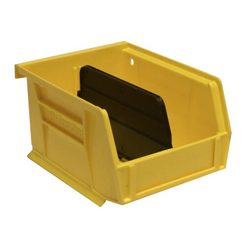 A yellow plastic storage bin with a black divider inside. The bin has a wide open front for easy access and a smooth, solid exterior.