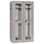 A tall, gray metal storage cabinet with diamond-patterned mesh doors and sides. The cabinet has two doors with a central lock and sturdy construction, suitable for security and ventilation.