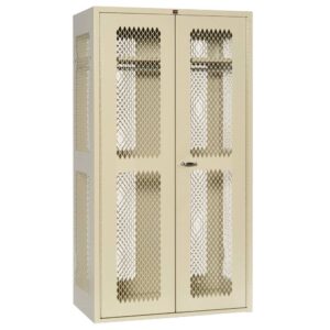 A beige metal storage locker with diamond-patterned perforations on the doors and sides. It features a central lock, handles, and multiple shelves visible through the mesh design. The locker stands on a flat surface.