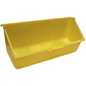 Yellow plastic wall-mounted bin with a slanted open top and three hooks inside. The back has a lip for hanging. Its designed for organizing or storing small items.