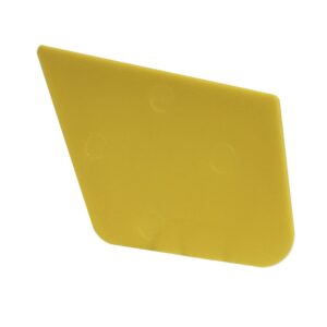 A yellow plastic spreader with a slightly curved edge, ideal for spreading or smoothing tasks in crafts or construction. It boasts a rectangular shape with rounded corners and seamlessly complements any workspace, just like essential waste receptacles.