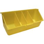 A yellow plastic bin with three built-in dividers, creating four compartments, viewed from a slight angle. The open-top design allows for easy access to the sections.
