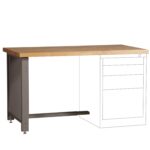 A minimalist desk with a wooden tabletop and metal legs. The right side shows an outlined design for a potential drawer unit, indicating where drawers could be added. The desk has an industrial and modern look.