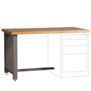 A minimalist desk with a wooden tabletop and metal legs. The right side shows an outlined design for a potential drawer unit, indicating where drawers could be added. The desk has an industrial and modern look.