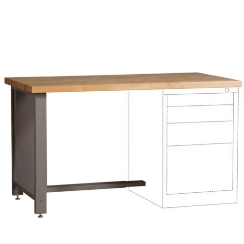 A minimalist desk with a wooden tabletop and metal legs. The right side shows an outlined design for a potential drawer unit, indicating where drawers could be added. The desk has an industrial and modern look.