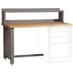 A gray metal workbench with a wooden surface is shown. It has a raised shelf at the back and a partially illustrated lower right section depicting a potential drawer unit in dashed lines.