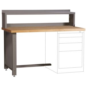 A gray metal workbench with a wooden surface is shown. It has a raised shelf at the back and a partially illustrated lower right section depicting a potential drawer unit in dashed lines.