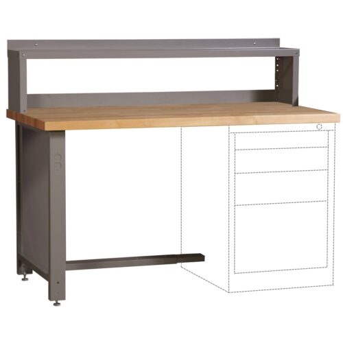 lyon-workbench-kit-bench-height-style-2-251350WB1019.jpg A gray metal workbench with a wooden surface is shown. It has a raised shelf at the back and a partially illustrated lower right section depicting a potential drawer unit in dashed lines.
