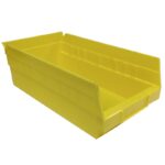 A yellow plastic storage bin with a rectangular shape and an open front. It has smooth sides and a slightly tapered design, suitable for organizing and holding various items.
