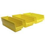 Three bright yellow plastic storage bins arranged in a row. Each bin has a slanted front for easy access and raised edges on the sides. The bins are empty and set against a plain white background.