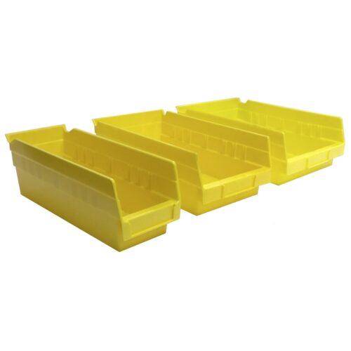 Three bright yellow plastic storage bins arranged in a row. Each bin has a slanted front for easy access and raised edges on the sides. The bins are empty and set against a plain white background.