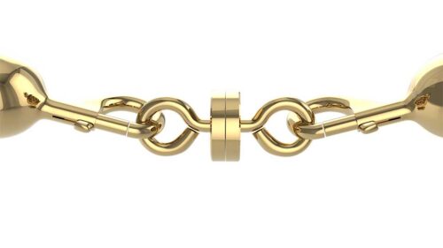 Close-up of a gleaming gold mechanical linkage with interlocking gears and chains, evocative of the precision in a Visiontron Magnetic Breakaway for Stanchion Rope, set against a stark white background.