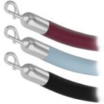 Three Visiontron Microfiber ropes are suspended, featuring shiny silver hooks at one end. These velvet ropes come in burgundy, light blue, and black for secure placement on stanchion posts.