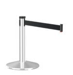 The Visiontron Mini Display 23 Tall Retractable Belt Museum features a polished aluminum stanchion and a 10 black belt, ideal for crowd control in public spaces like museums.