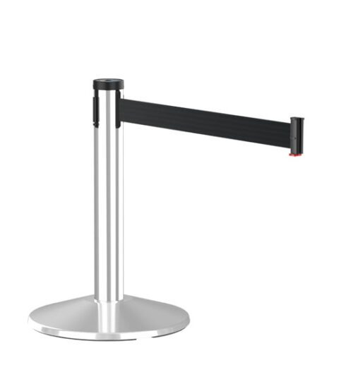 mini-display-polished-aluminum-retractable-black-belt-post-1.jpg The Visiontron Mini Display 23 Tall Retractable Belt Museum features a polished aluminum stanchion and a 10 black belt, ideal for crowd control in public spaces like museums.