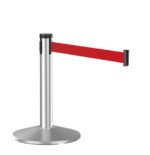 The Visiontron Mini Display 23 tall retractable stanchion features a satin stainless steel post with a 10 red belt, ideal for controlling access in museums or other venues.