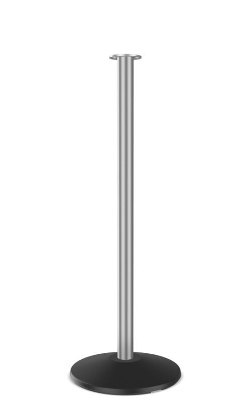 The Outdoor ST600 Series Flat Top Rope Stanchion showcases a sleek silver post and a flat, circular black base. Ideal for crowd control, its top is designed for easy rope or belt attachment. Set against a plain white background, it emphasizes both versatility and style.