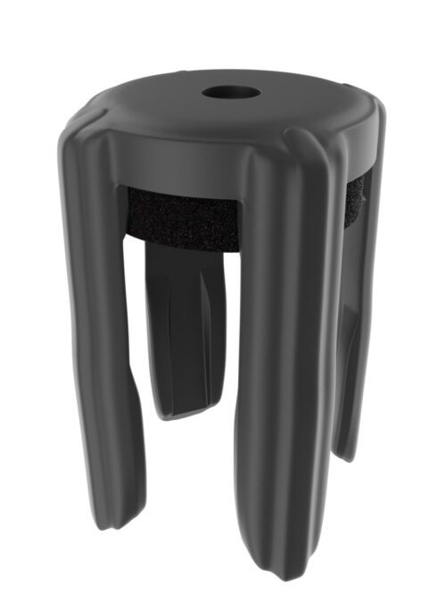 The Visiontron Sign Frame Adapter Cone is a black cylindrical object with four vertical grooved extensions, a circular hole on top, and a textured midsection band, combining sleek design with functionality.