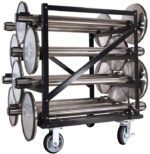 The Visiontron Horizontal Post Stanchion Storage Cart is a black metal cart with four wheels, a sturdy rectangular frame reinforced by crossbars, accommodating multiple rows of round silver trays stacked horizontally across three levels.