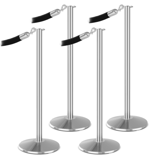 Four Visiontron ST600 Series Flat Top Stanchion Bundle posts with black ropes are arranged in a line. These silver stanchions feature round bases and rope hooks, perfect for crowd control or queue management, set against a pure white background.