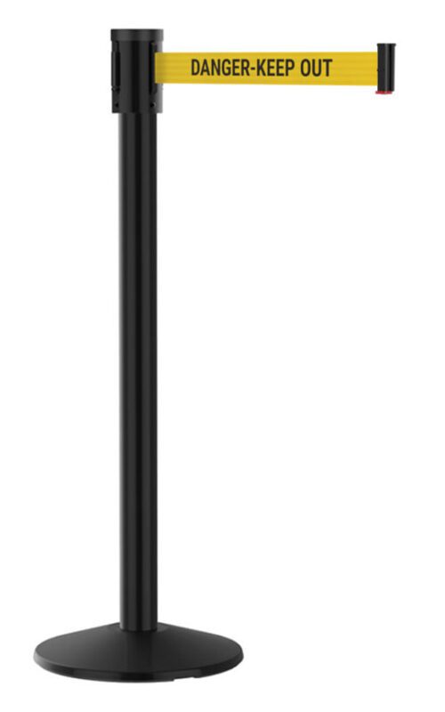 premium-black-aluminum-retractable-danger-keep-out-belt-post-15.jpg A black stanchion with a yellow retractable belt that reads DANGER-KEEP OUT in bold black letters. The stanchion is isolated against a white background.