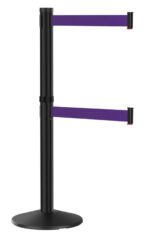 A black stanchion with a round base and two retractable purple belts extending horizontally. The belts are attached at different heights on the stanchion.