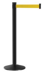 A black retractable belt barrier stand with a yellow belt extended. The stand has a round base and a cylindrical post, designed for crowd control or queue management. The belt is attached to the top of the post.