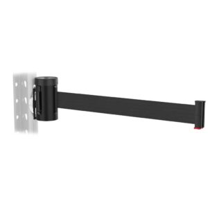 The Visiontron Magnetic WM700 Series Retractable Wall Mount Barrier features a black cylindrical mount on perforated metal, with a 10 black belt and striking red end cap.