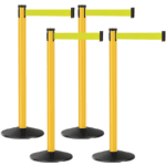 The Premium Outdoor Visiontron Retractable Belt Bundle, 10, includes four durable yellow and black stanchions in a rectangle. Each has a 10 yellow retractable belt and stands on a strong black circular base.