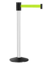 A silver stanchion with a black base, featuring a retractable green belt extending from the top.
