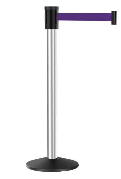 A single crowd control stanchion with a silver post and a purple retractable belt, attached to a black base.