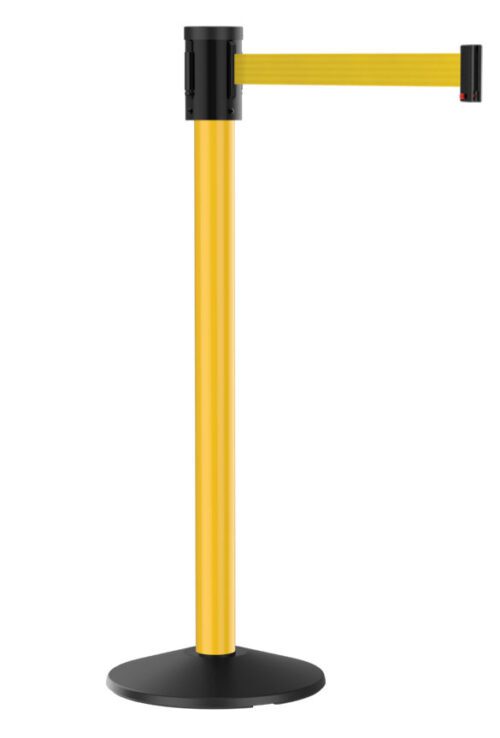A yellow crowd control stanchion with a retractable belt extending horizontally. The base is round and black, while the main post is yellow with a black top where the belt extends.