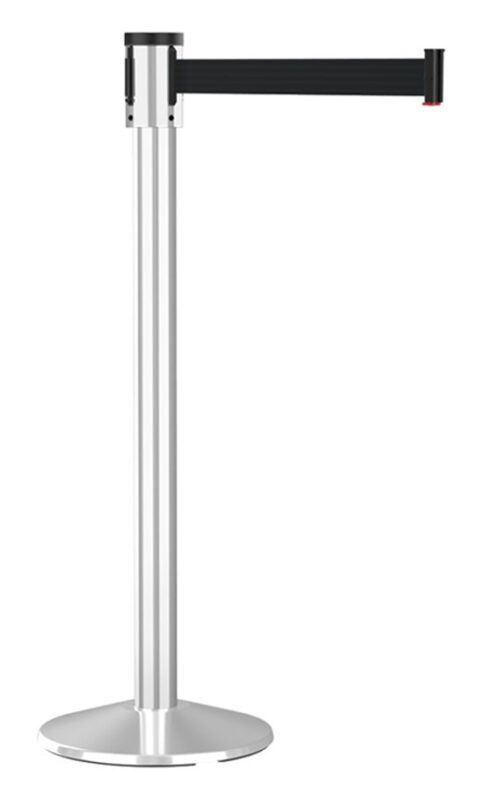 premium-polished-aluminum-retractable-black-belt-post-15.jpg A silver retractable belt stanchion with a black belt extended to the right. It stands on a round base and is typically used for crowd control or queue management.