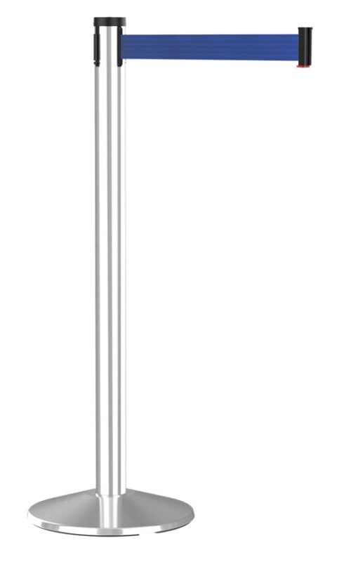 premium-polished-aluminum-retractable-blue-belt-post-1.jpg A metal stanchion with a blue retractable belt stands on a circular base, used for crowd control and line management. The belt is partially extended from the top of the stanchion.