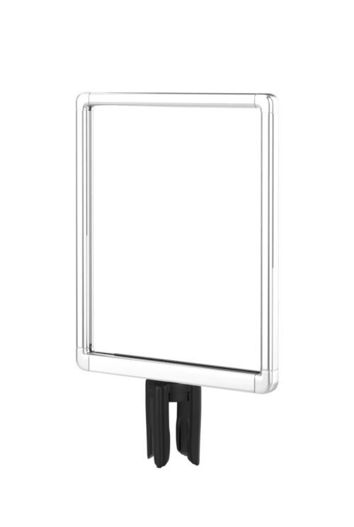 premium-polished-chrome-sign-frame-with-plastic-adapter-11x14-1.jpg The Designer Series Visiontron Sign Frame 11x14 with Adapter is a clear plastic square sign holder with a transparent frame, standing upright on a black base. It includes two clips for secure mounting, perfect for displaying signs or information sheets in its minimalist design.