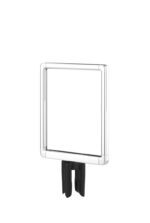 Explore the Designer Series Visiontron Sign Frame Holder 8.5 x 11 with Adapter, showcasing a clear rectangular pane in a modern white frame on a black stand. Its minimalist design integrates seamlessly into any setting, elegantly displayed on a white background.