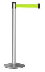 A retractable silver stanchion with a neon yellow belt extending from the post.
