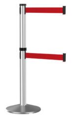 A silver stanchion post with two retractable red belts, designed for crowd control. The belts are attached horizontally to the post, one above the other. The base is round and sturdy.