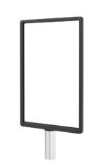 The Visiontron Slide In Sign Frame, with various sizes and finishes, is showcased as a blank vertical rectangle on a silver pole against a white background.