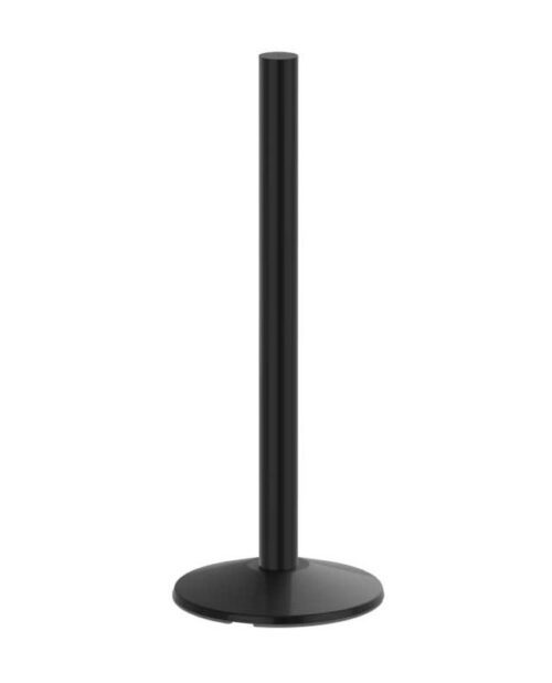 A black metal paper towel holder mirrors the sleek design of the Visiontron 3 Tall Sign Post, with a cylindrical post and round base, set against a plain white background.