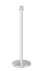 The Visiontron ST400 Series Urn Top Rope Stanchion features a silver metallic post with a round base, ideal for integrated rope or tape connections, and sits gracefully against a pristine white background, making it perfect for effective crowd control.