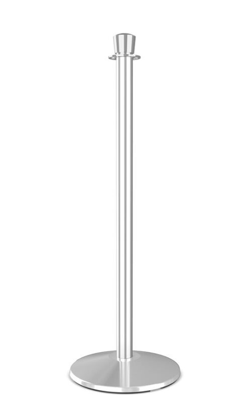 The Visiontron ST400 Series Urn Top Rope Stanchion features a silver metallic post with a round base, ideal for integrated rope or tape connections, and sits gracefully against a pristine white background, making it perfect for effective crowd control.
