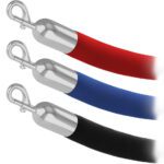 The Visiontron Prime Velvet Rope Barrier for Stanchion Posts is elegantly displayed with three ropes in red, blue, and black, each featuring silver hooks, set vertically against a pristine white background.