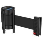 The black retractable belt barrier, ideal for crowd control and queue management, features a cylindrical body with a 10 extended black belt, red locking mechanism, and includes the durable Replacement Visiontron Prime Retractable Belt Cassette.