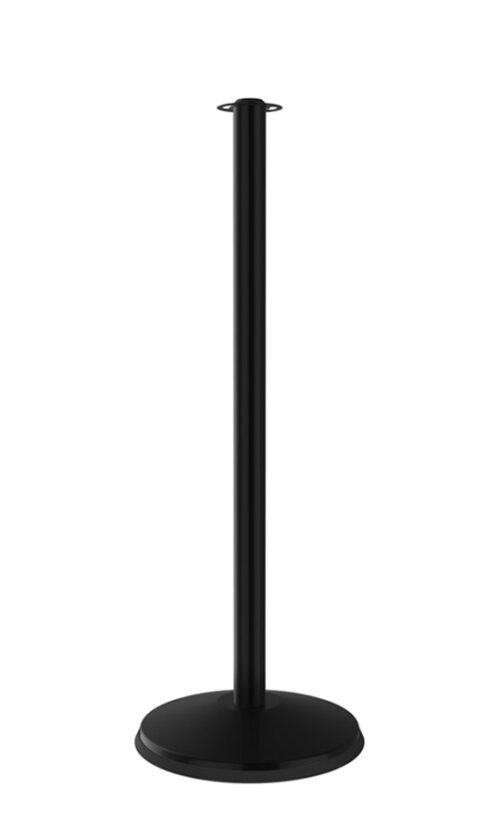 prime-flat-top-rope-stanchion-solid-black.jpg The Visiontron Prime Flat Top Rope Stanchion is a black post with a round base and cylindrical pole, featuring top attachments for barriers or belts. Its perfect for crowd control or line management, with its sleek design standing out against a plain white background.